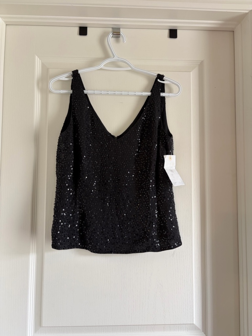 100% Silk Black Sequin V-Neck Women's Tank Top